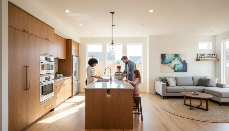 Bright, newly renovated open-concept kitchen with family using the space, featuring updated cabinetry, countertops, and professional finishes