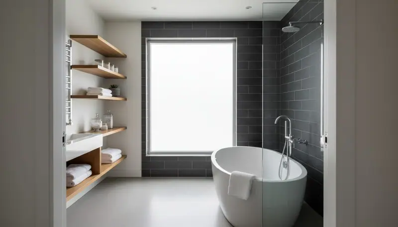 Newly renovated modern primary bathroom with soaking tub, slate tiles, and professional plumbing fixtures in natural afternoon light