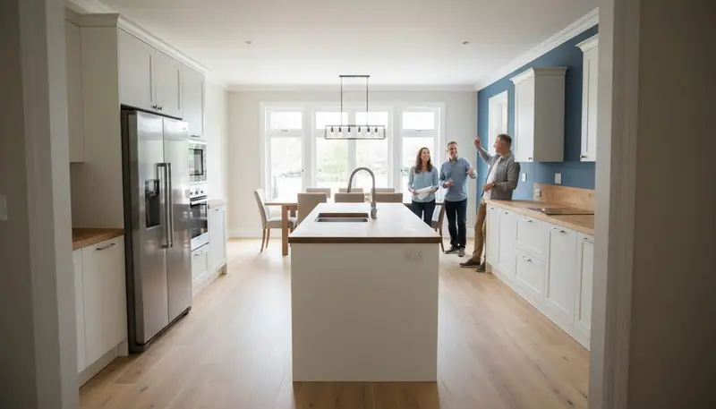 Newly renovated open-concept kitchen and dining area with modern cabinetry, wood countertops, and natural lighting