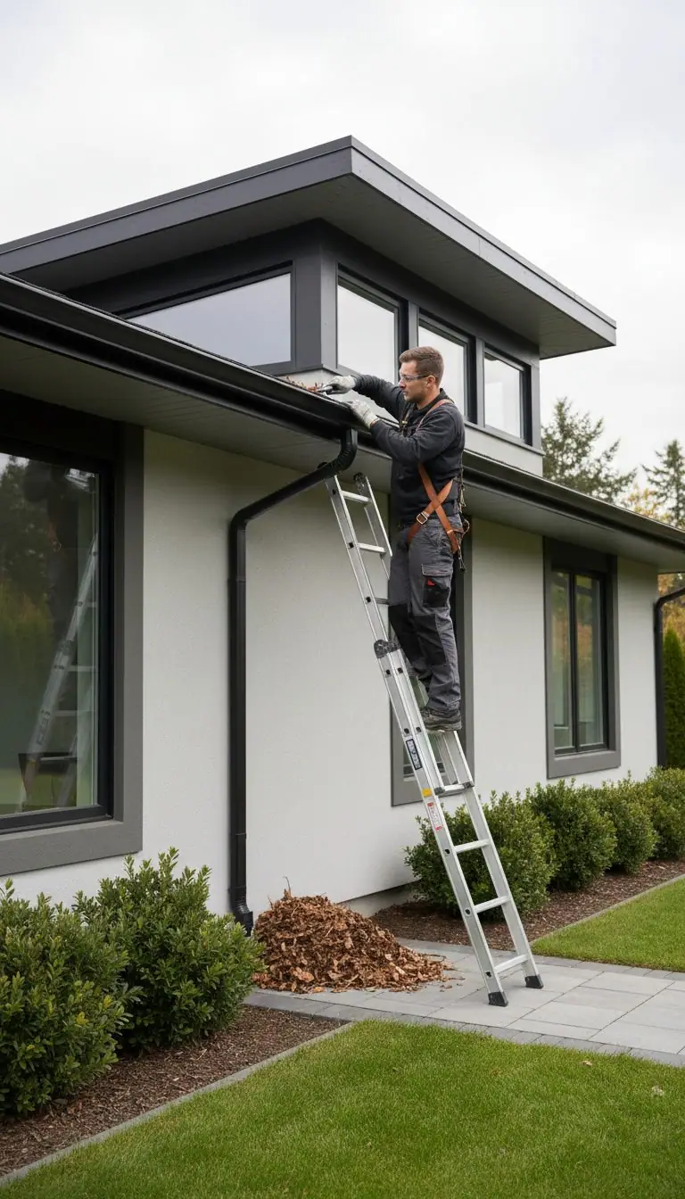 Maintenance professional safely inspecting and cleaning gutters on residential home exterior